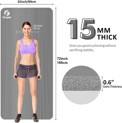 Gruper Yoga Mat Non Slip NBR Extra Thick Yoga Mat, 72"L x 32"/24"W x 0.6"/0.4"TH (185cm x 80cm/61cm x 15mm/10mm), Anti-Tear Exercise Mat with Carrying Strap and Bag, Workout Mats for Yoga, Pilates