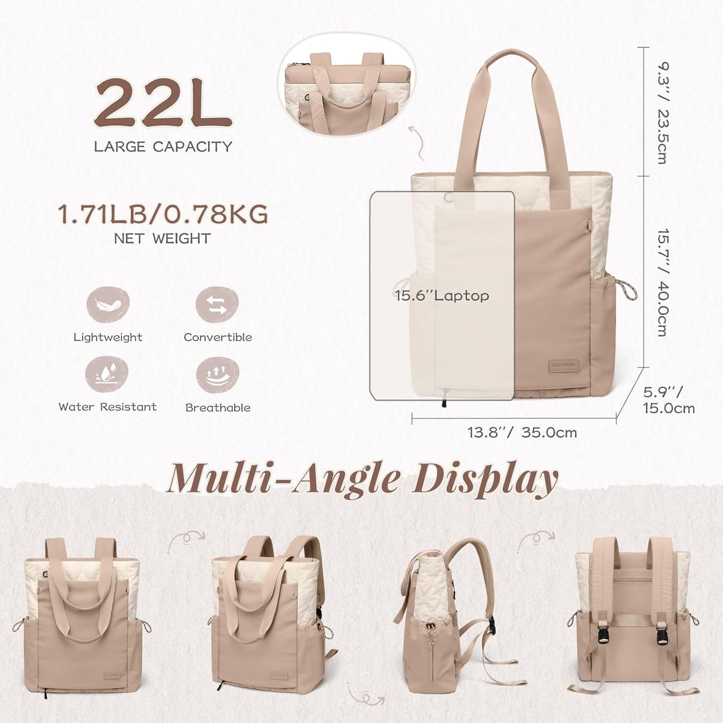 GOLF SUPAGS 3-in-1 Laptop Tote Backpack for Women 15.6" Quilted Work Gym Bag with Hidden Yoga Mat Carrier for Travel Leisure (Gravel Brown & Beige)
