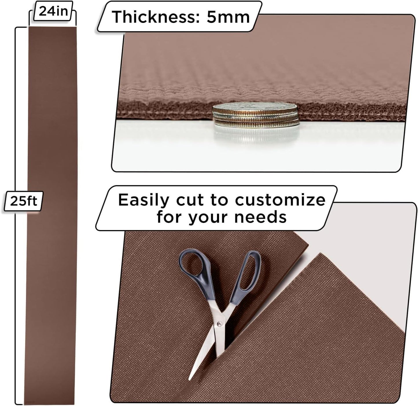 Slip-Resistant Floor Mat Roll & Yoga Mat – 25ft x 24" x 5mm – Cut-to-Fit Hallway Runner, Kitchen Mat, Drawer Liner, Shelf Liner, Bench Mat, Washable Pet Crate Pad, Cabinet Liner – Mocha