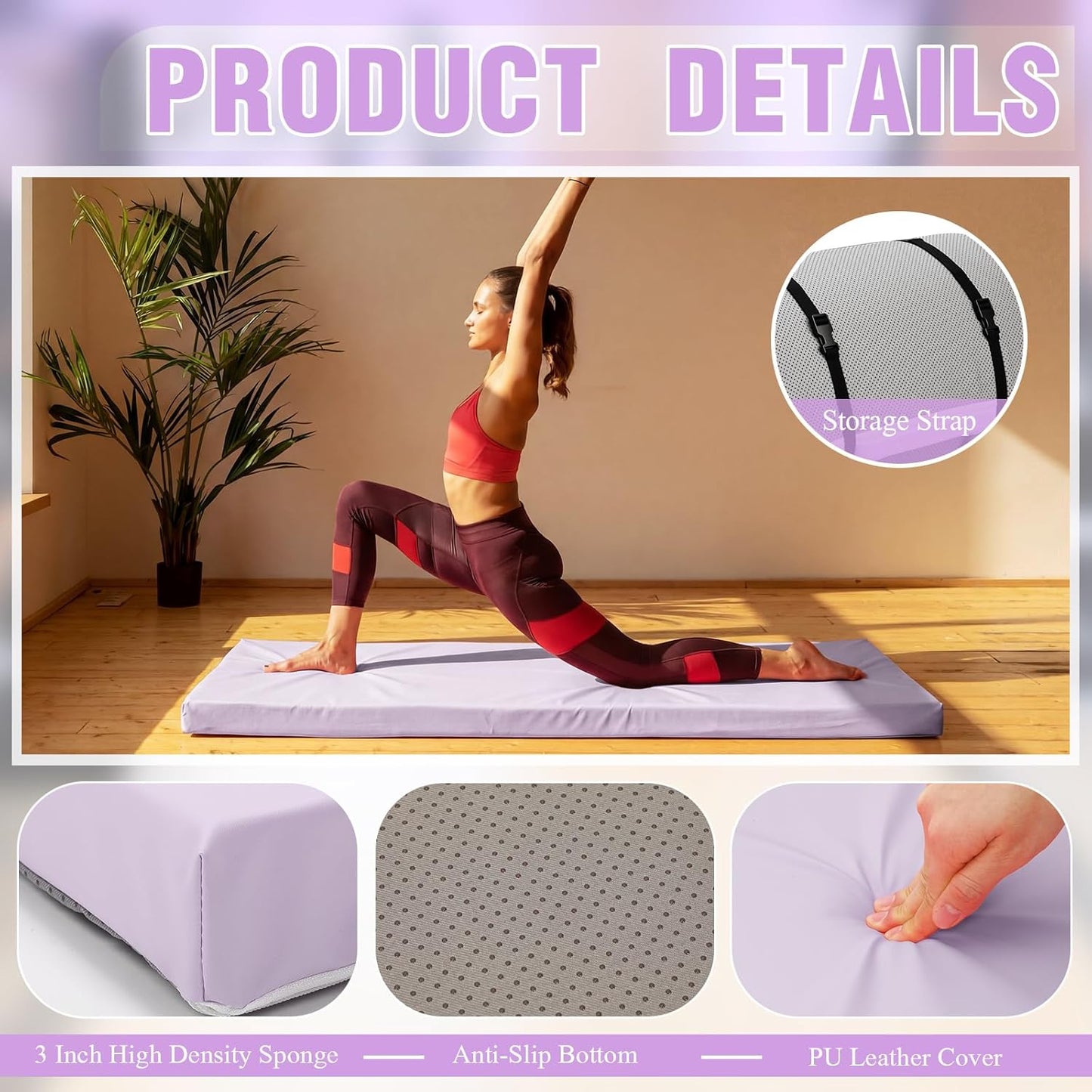 Lyrow 3 Inch 72"x 24" Thick Foldable Yoga Mat with Carry Strap, Non-slip Portable Foam Gym Mat for Yoga, Pilates and Stretching