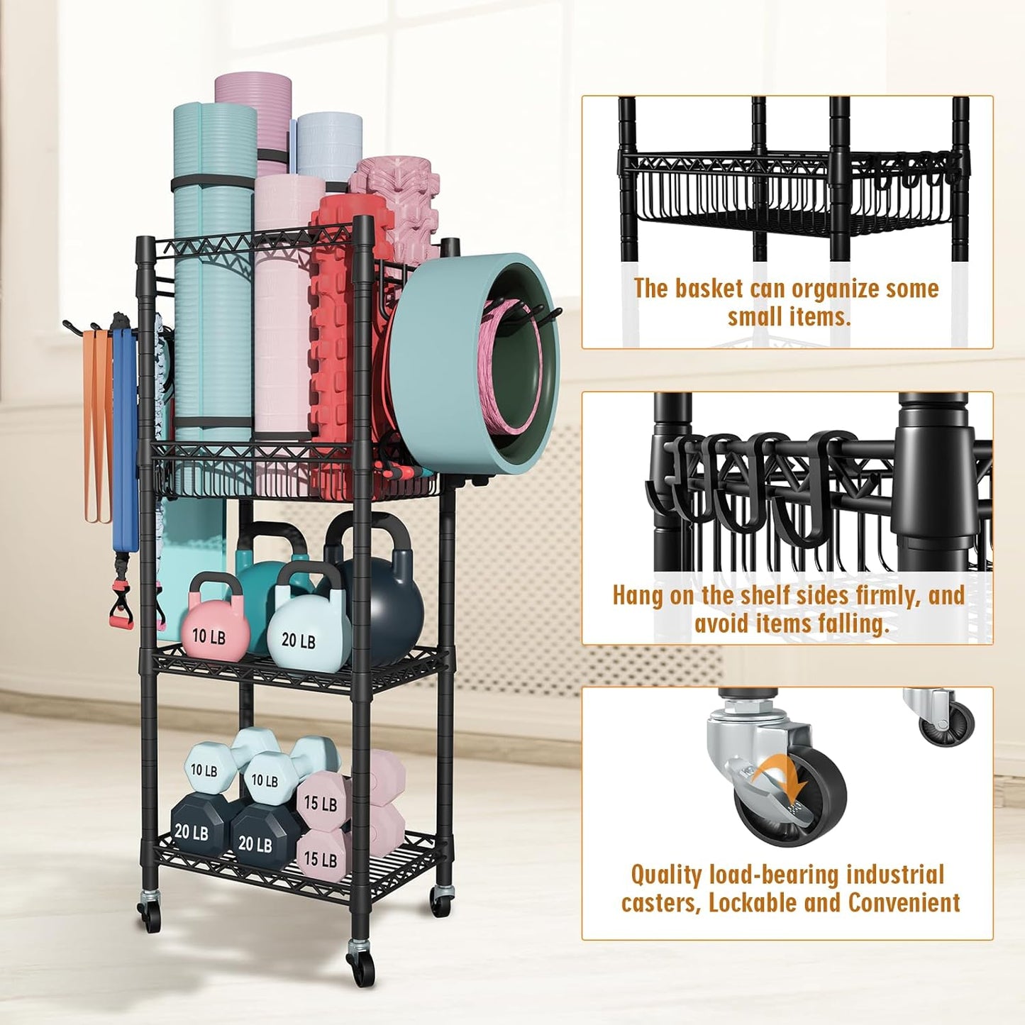 FUTASSI Home Gym Storage, 3 Tiers Workout Equipment Organizer with Wheels for Yoga Mats, Foam Roller, Dumbbells, Kettlebells, and Resistance Bands