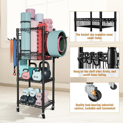 FUTASSI Home Gym Storage, 3 Tiers Workout Equipment Organizer with Wheels for Yoga Mats, Foam Roller, Dumbbells, Kettlebells, and Resistance Bands