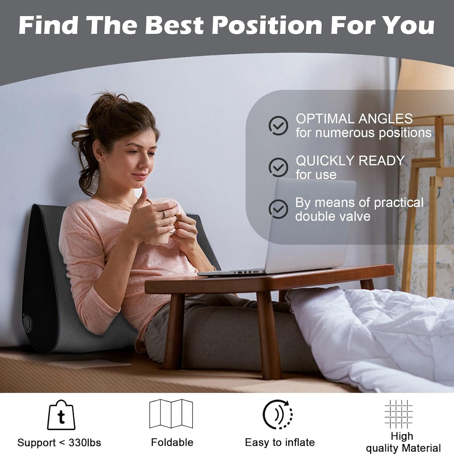 Prosixtoy Portable Wedge Pillow Inflatable Cushion - Body Positioners Lightweight Wedge Pillow for Sleeping, Leg Elevation, Use in Bed, Travel, Camping, Fast Inflating Deflation (Black)