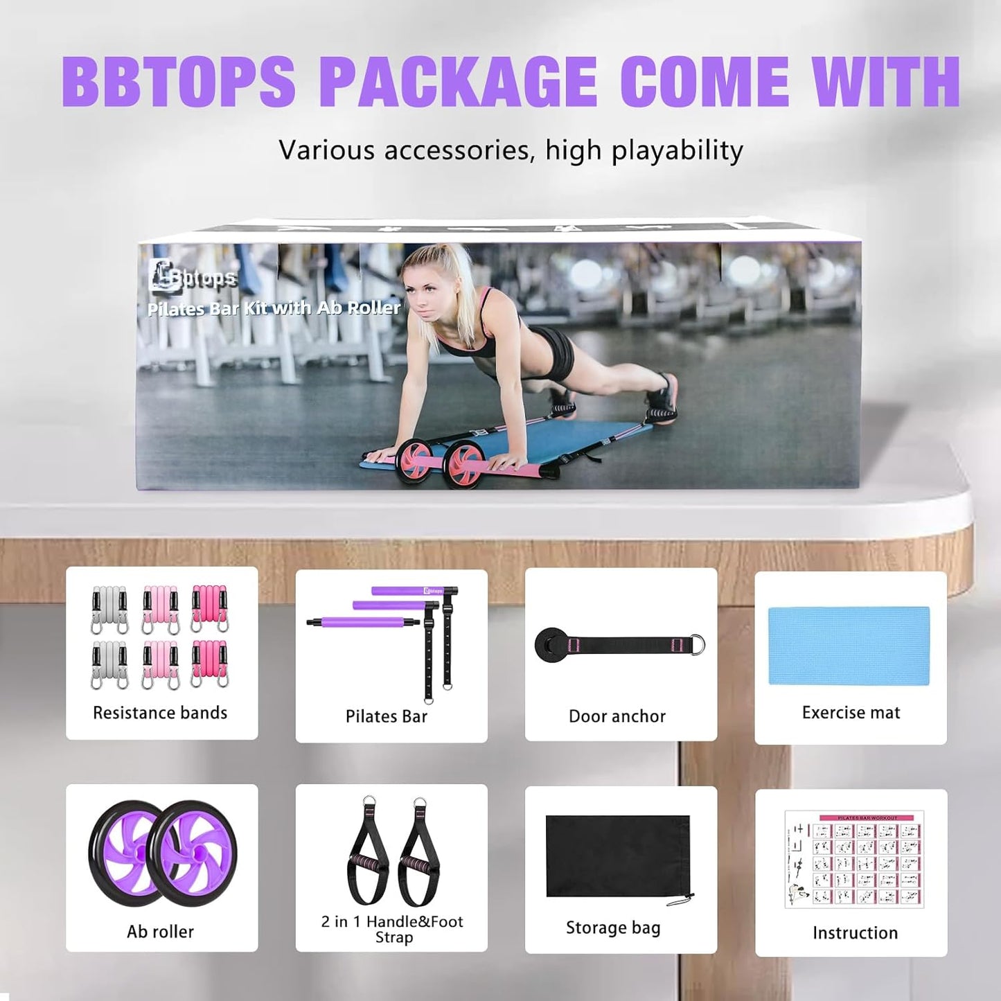 BBTOPS Pilates Bar Kit with Resistance Bands,Ab Roller,2 in 1 Foot Strap & Handle,Door Anchor Pilates Equipment with Resistance Bands, Portable Home Gym Yoga Fitness Bar for Women & Men