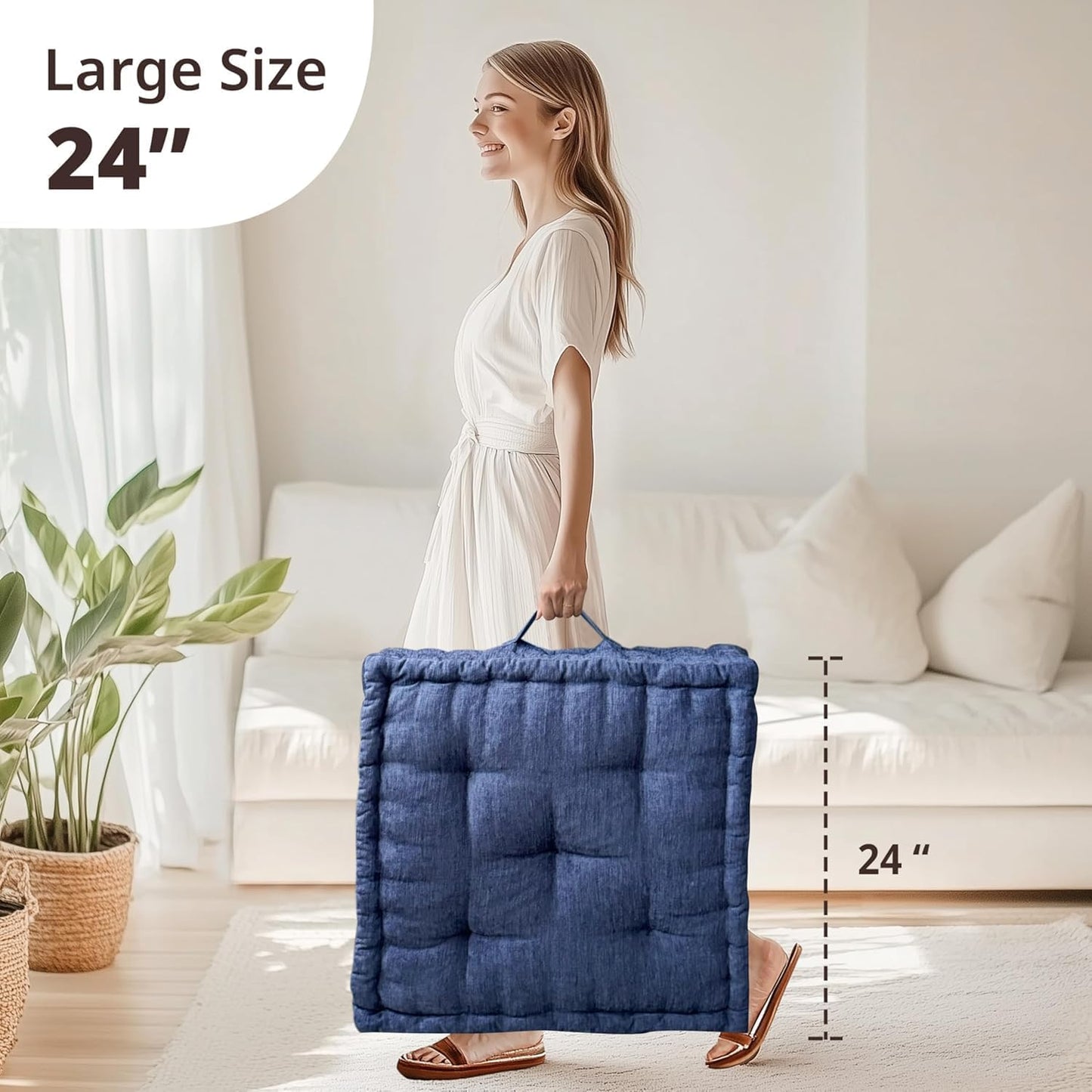 Intelligent Design Large Floor Pillow for Adults Yoga or Meditation Cushion with Handle, Floor Cushion for Board Games, Lustrous Chenille Tufted, Handsewn Scalloped Edge, Azza, 24" x 24" x 5" Yellow
