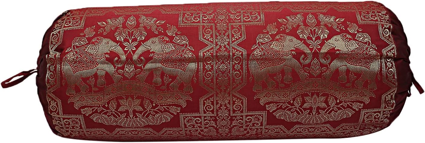 Ethnic Jacquard Brocade Silk Rectangular Bolster Yoga Pillow Cylindrical Hotdog Burgundy Maroon Tubular Living Room Decorative Elephant Indian Throw Pillowcase 76x38 cm - Set of 2 Pcs