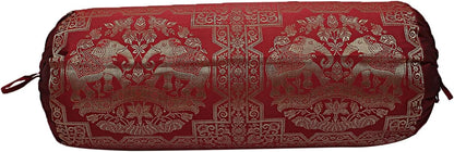Ethnic Jacquard Brocade Silk Rectangular Bolster Yoga Pillow Cylindrical Hotdog Burgundy Maroon Tubular Living Room Decorative Elephant Indian Throw Pillowcase 76x38 cm - Set of 2 Pcs
