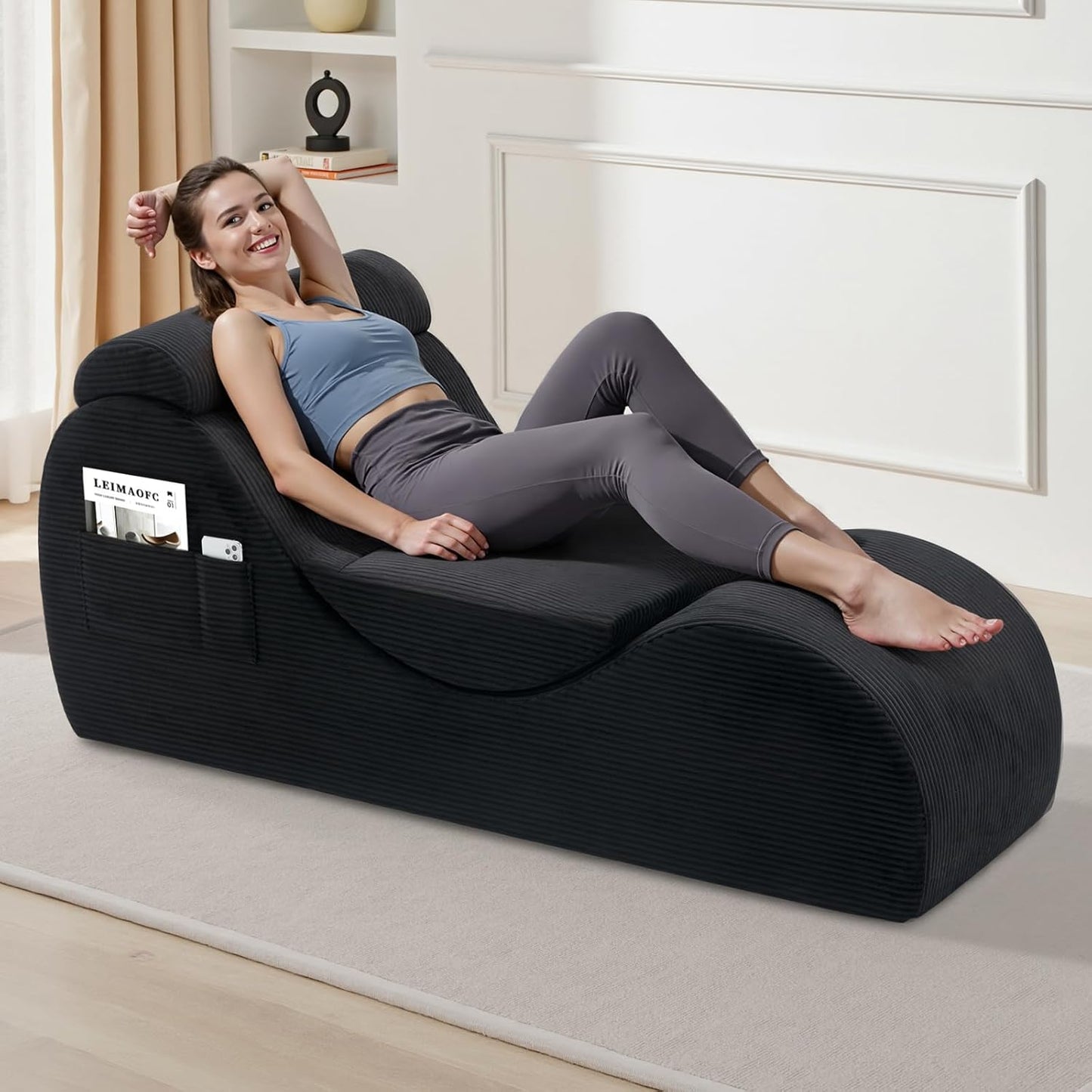 Yoga Chair Lounge for Adult, Ergonomic Chaise Lounge Chair with Side Pocket, Headrest, Waist Pad, Perfect for Stretching, Massage, and Relaxation, Used in Living Room, Bedroom（Black）