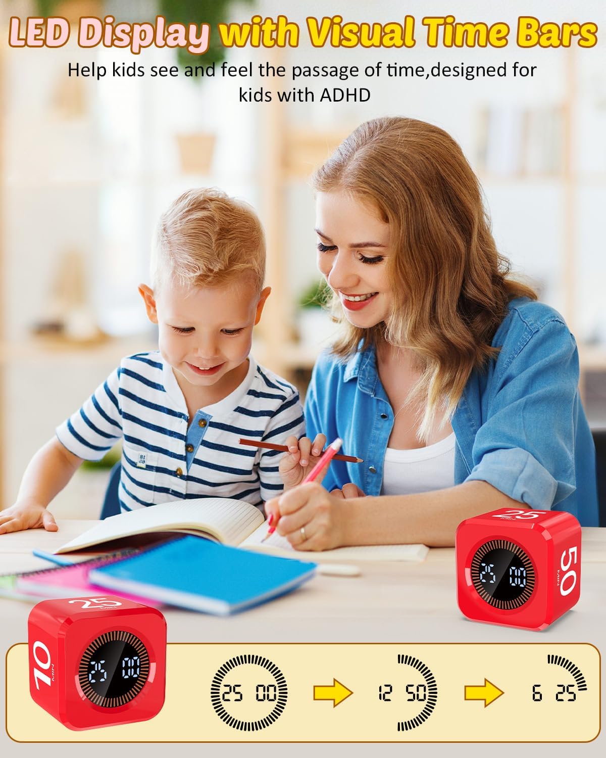Digital Pomodoro Timer Cube 5/10/25/50min, Visual Productivity Flip Timer for Kids Classroom Desk, Custom Countdown, Silent and Sound Mode for ADHD Study Work Game Kitchen (Black)