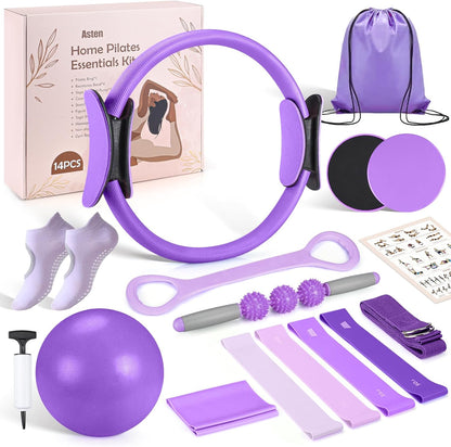 Asten Home Pilates Kit for Women: Pilates Equipment Pilates Ring and Ball Set with Resistance Bands, Core Slider, Foam Roller, Pilates Essentials Kit for Beginner Home Workout, Compact Toning Fitness