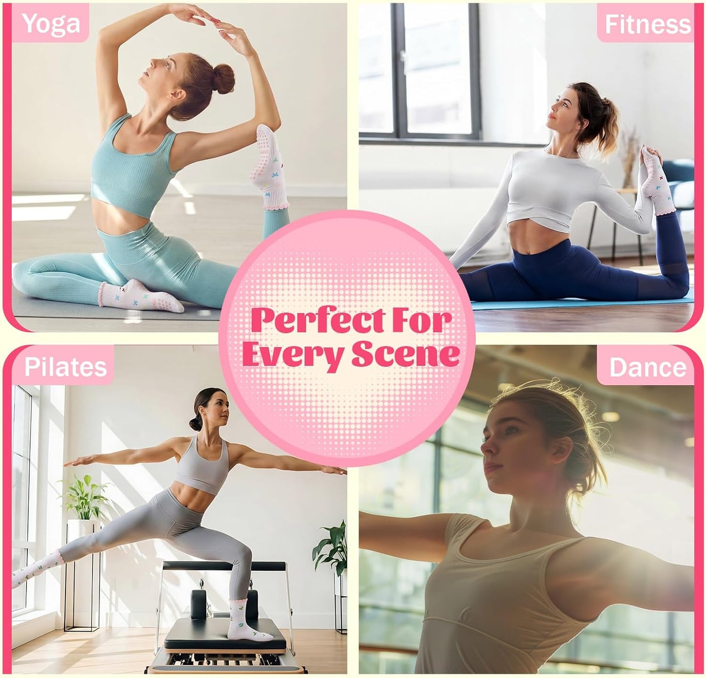 6 Pairs Women‘s Cute Pilates Socks with Grips - Non Slip Ruffle Yoga Sock, Breathable Cotton Grippy Crew Socks for Barre, Ballet, Yoga & Home Workouts