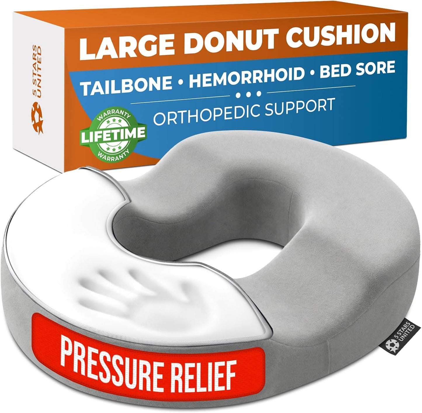 5 STARS UNITED Donut Pillow Hemorrhoid Tailbone Cushion – Large Floor Cushion for Pain Relief – Coccyx, Prostate, Sciatica, Pelvic Floor, Pressure Sores, Pregnancy, Postpartum Recovery, Black