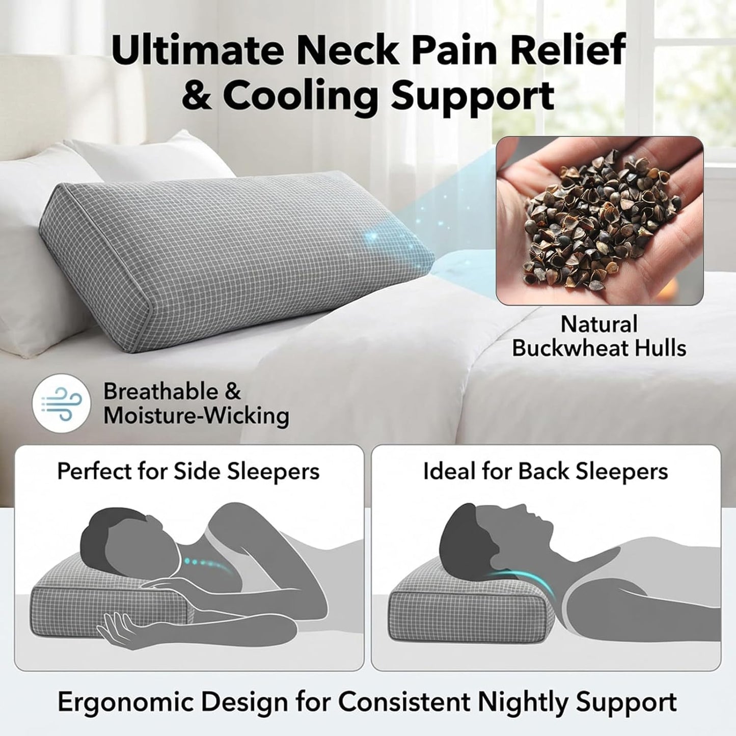 Adjustable Buckwheat Hull Pillow for Neck Pain Relief (21x8x4in) Natural Cooling Cervical Support Organic Pillow for Side & Back Sleepers with Night Sweats (Grey)