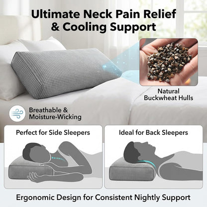Adjustable Buckwheat Hull Pillow for Neck Pain Relief (21x8x4in) Natural Cooling Cervical Support Organic Pillow for Side & Back Sleepers with Night Sweats (Grey)