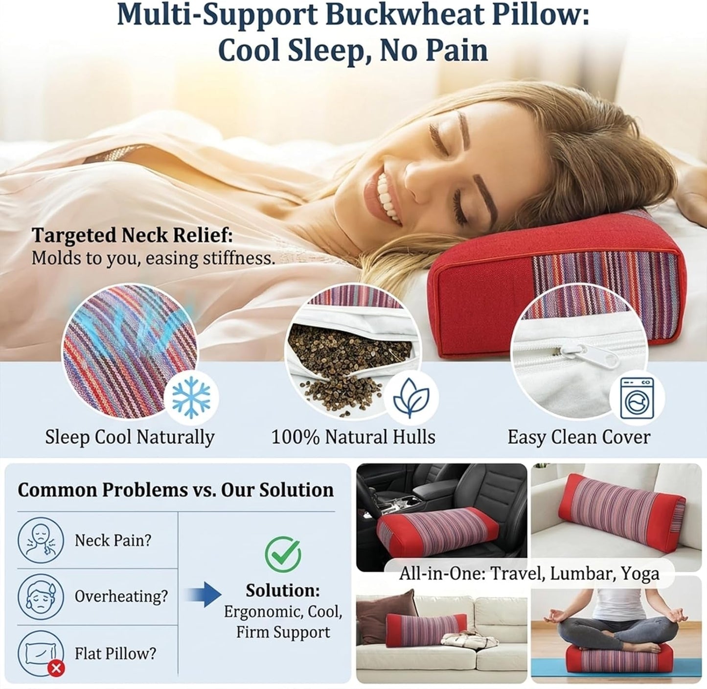 Adjustable Buckwheat Hull Pillow for Neck Pain Relief (21x8x4in) Natural Cooling Cervical Support Organic Pillow for Side & Back Sleepers with Night Sweats (Grey)