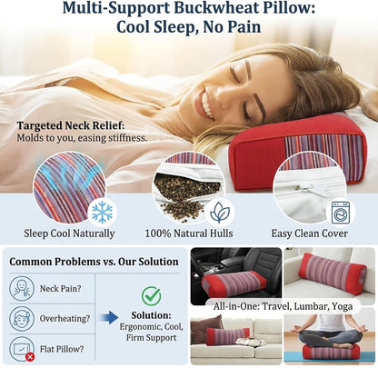 Adjustable Buckwheat Hull Pillow for Neck Pain Relief (21x8x4in) Natural Cooling Cervical Support Organic Pillow for Side & Back Sleepers with Night Sweats (Grey)