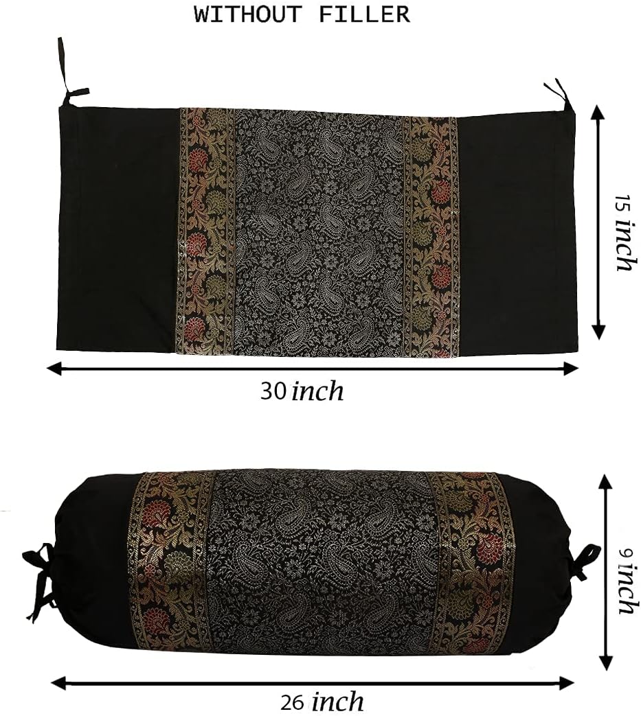 Ethnic Jacquard Brocade Silk Bolster Yoga Rectangular Pillowcase Cover Paisley Black Tubular Living Room Decorative Cylindrical Hotdog Indian Throw Pillowcase 76x38 cm - Set of 2 Pcs