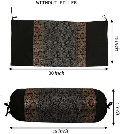 Ethnic Jacquard Brocade Silk Bolster Yoga Rectangular Pillowcase Cover Paisley Black Tubular Living Room Decorative Cylindrical Hotdog Indian Throw Pillowcase 76x38 cm - Set of 2 Pcs