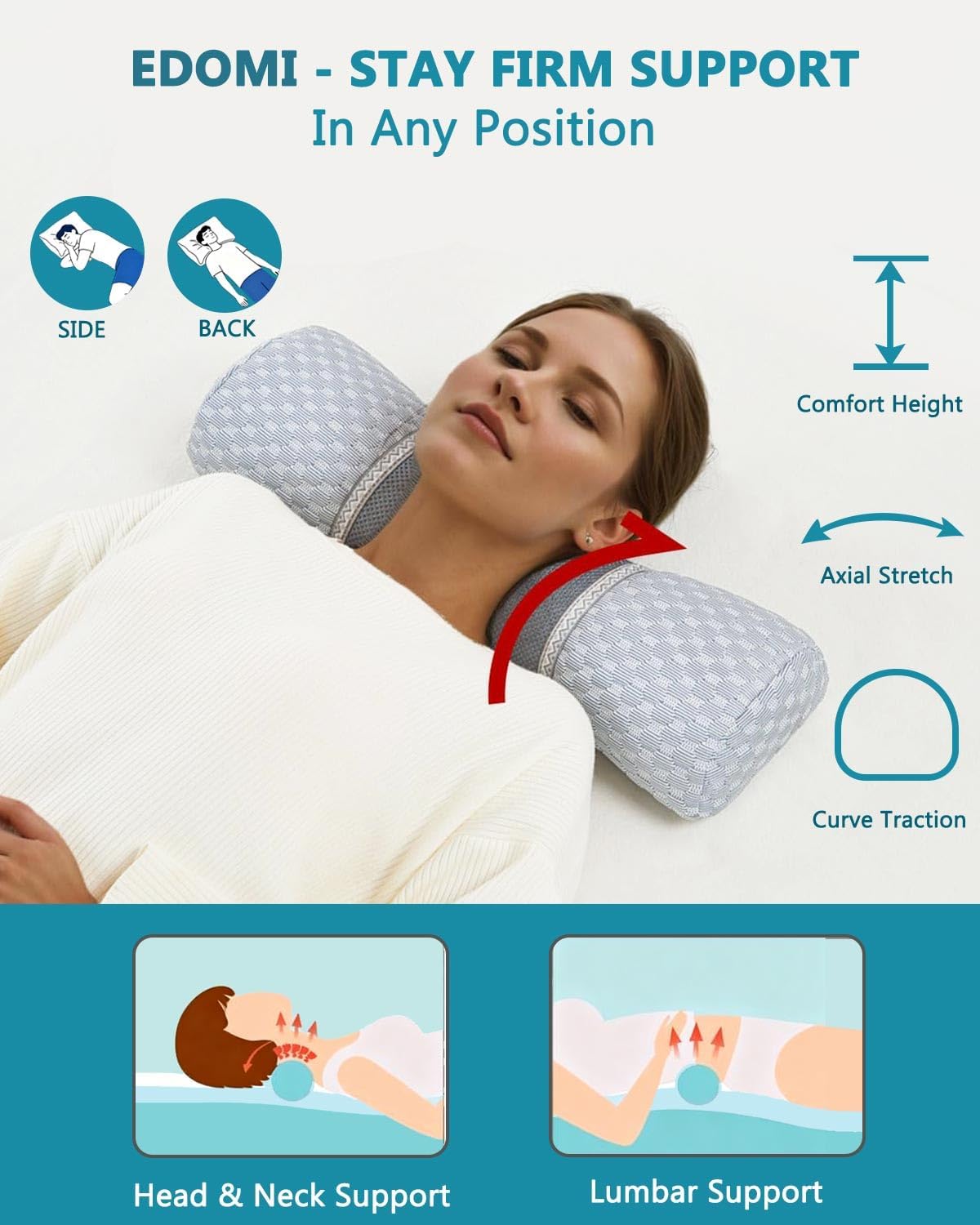 Buckwheat Hull Neck Roll Pillow -15.7" x4.7” Adjustable Firmness Cervical Support for Sleep & Yoga, Cooling Floral Cotton Cover, Ergonomic Bolster Pillow, Blue