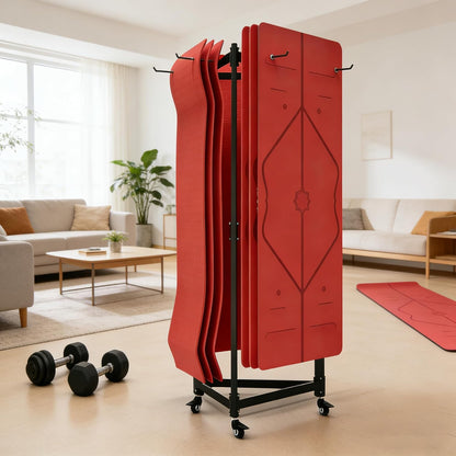 Yoga Mat Holder Hanging, Floor Rolling Yoga Mat cart, Large Capacity Storage Rack, with Includes hole punch, Metal square tube storage shelf for Home Gym, Fitness Club,Yoga Studio (Black)