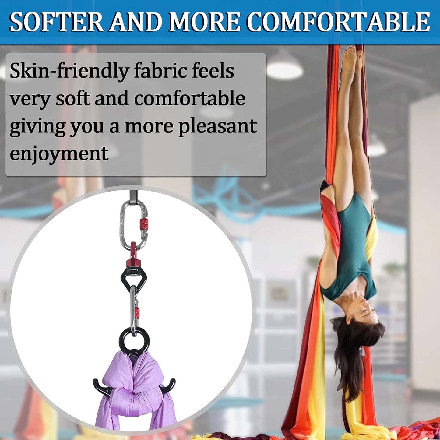 Aerial Yoga Hammock L:5M W:2.8M 5.5 Yards Aerial Pilates Silk Yoga Swing Set with 2000 Ibs Load Include Daisy Chain, Pose Guide