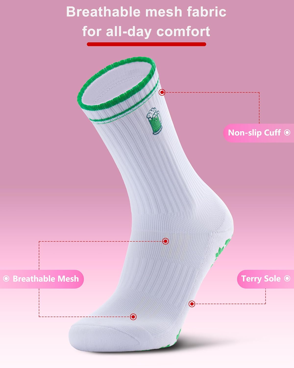 Pilates Grip Socks for Women - Embroidery Athletic Crew, Non-Skid Sticky Soles for Yoga, Barre, Workout & Hospital