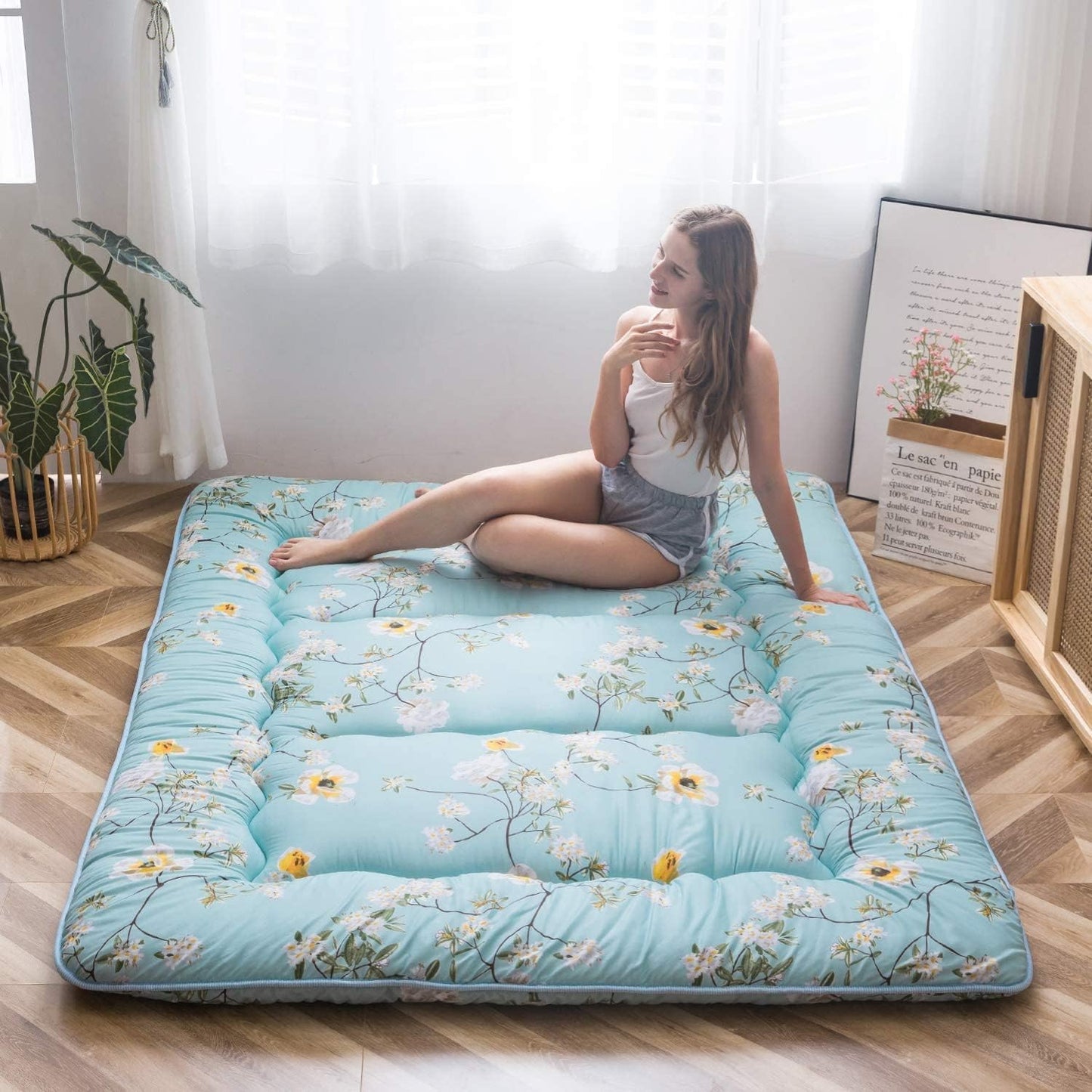 MAXYOYO Bohemian Retro Mattress Boho Floral Japanese Futon Mattress Tatami Floor Mat Foldable Portable Camping, Sleeping Pad, Lounger Couch Bed Full Size