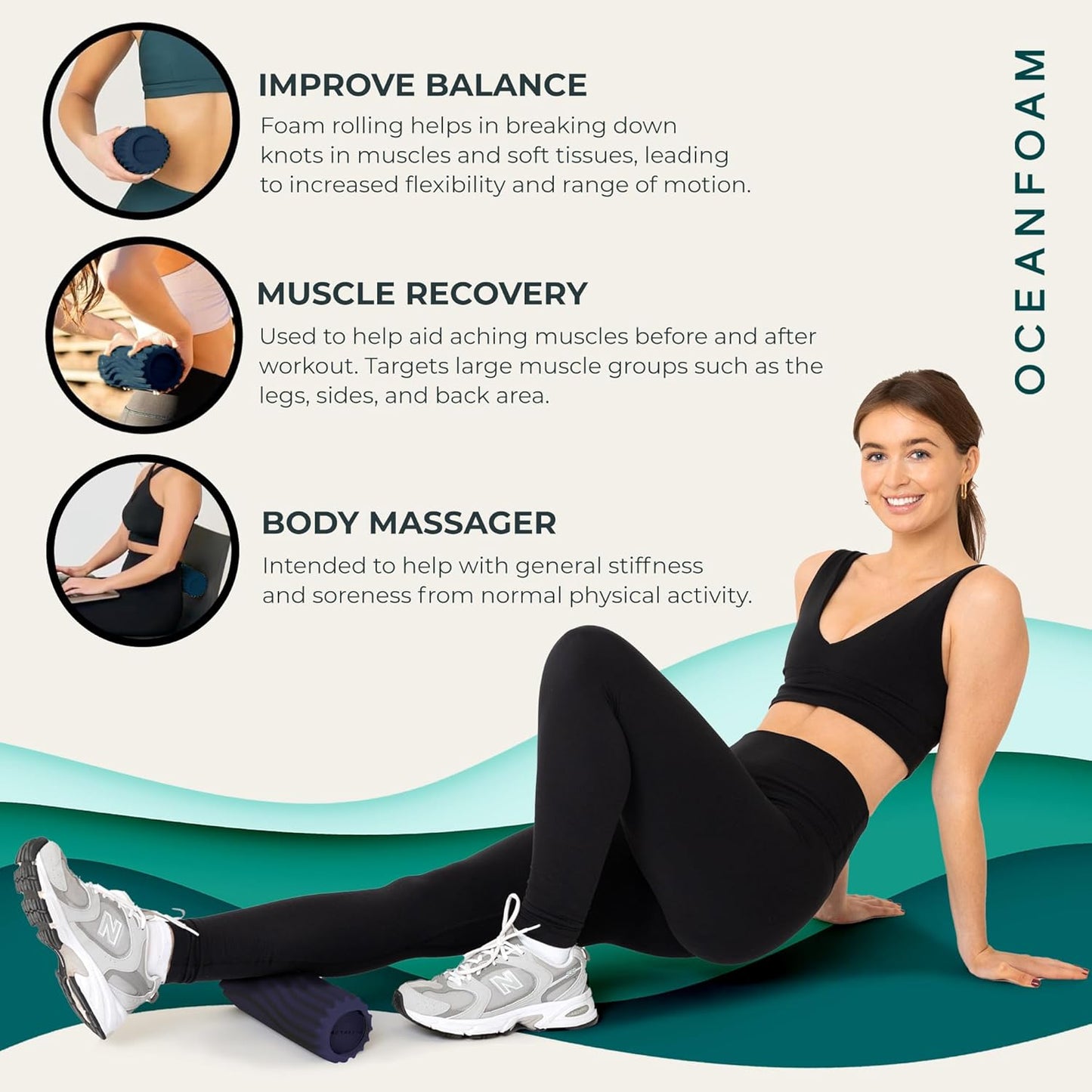 Oceanfoam Ripple Travel Foam Roller (11" x 3.35") Firm Mini Foam Roller for Physical Therapy, Deep Tissue Massage, Back Pain - High Density, Ergonomic Wave Textured - Yoga, Pilates, Exercise (Natural) - Colors A