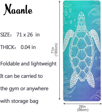 Naanle Sea Turtle Yoga Mat with Carrying Bag Set, Turtle Exercise Mat Foldable Non Slip Travel Lightweight Workout Rug for Home Gym Yoga Pilates Stretching Floor Fitness 71x26 in