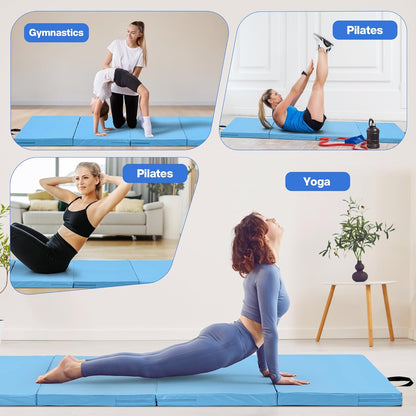 Outdoor Basic 6'x3'x2'' Gymnastics Mats Portable 4-Fold Tumbling Mat Thick Yoga Mat with PU Leather & Carry Handle for Home Workout, Yoga, MMA Core Training, Pilates