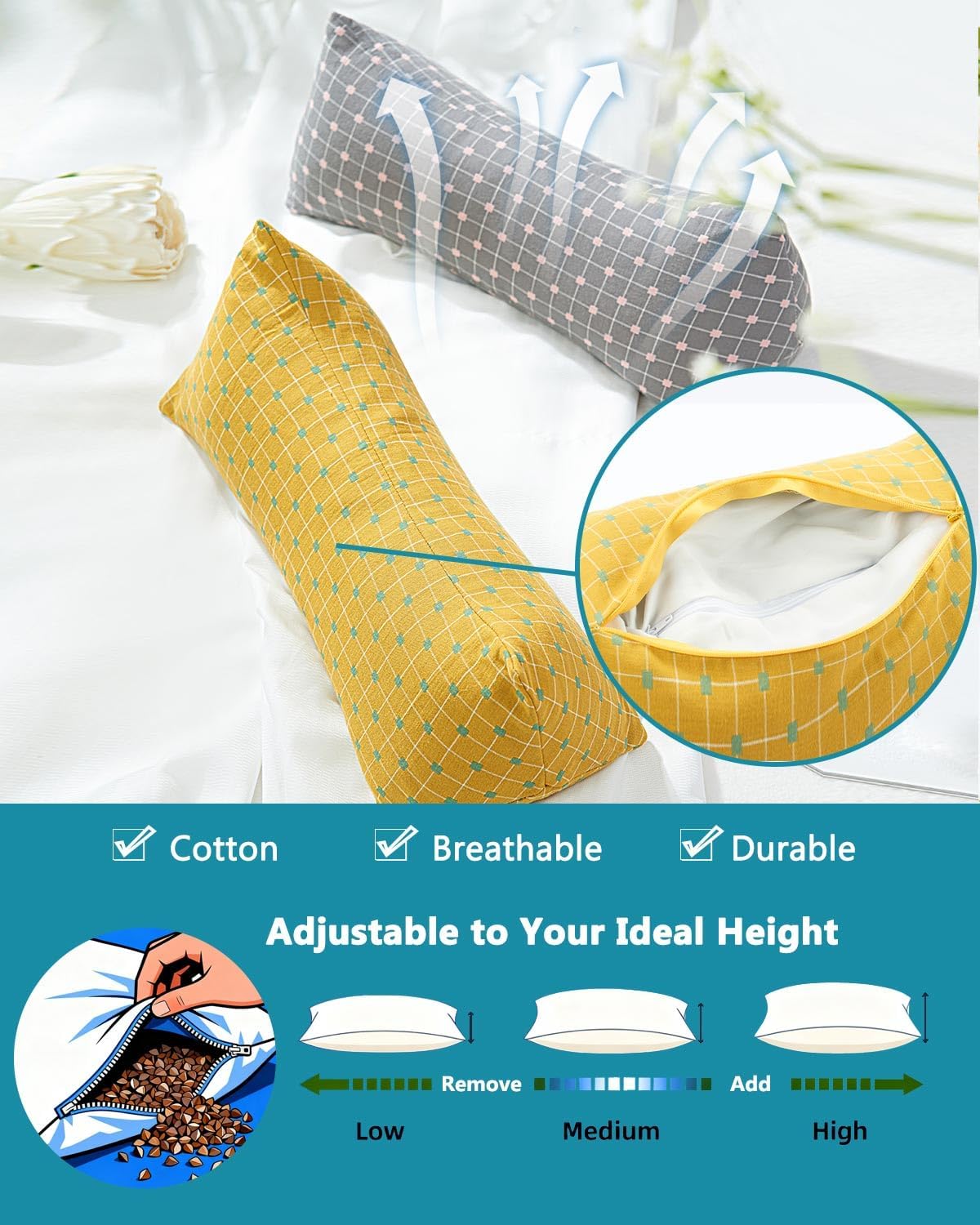 Cervical Buckwheat Roll Pillow for Sleeping,15.7"x5.9" Buckwheat Hulls Pillows Filling, Triangle Pillow for Neck Support Yoga Bolster, Adjustable Fill for Neck Pain Relief,Gray