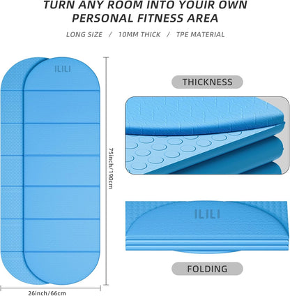 ILILI Foldable Yoga Mat-Semicircular, 10mm Thick, TPE Material, Extra Long 75"L x 26"W, Soft and Comfortable Folding Oval Mat 0.4 Inches, Easy to Carry and Store, 190*66cm Portable Multi-Functional Use for Yoga, Home Exercise & Outdoor