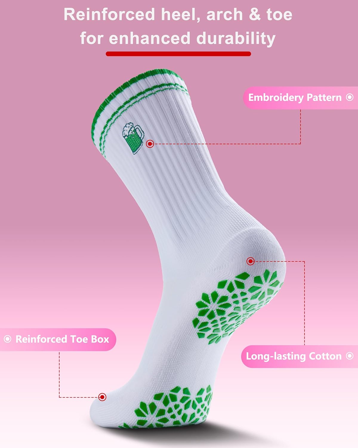 Pilates Grip Socks for Women - Embroidery Athletic Crew, Non-Skid Sticky Soles for Yoga, Barre, Workout & Hospital
