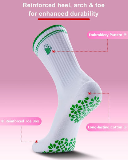 Pilates Grip Socks for Women - Embroidery Athletic Crew, Non-Skid Sticky Soles for Yoga, Barre, Workout & Hospital