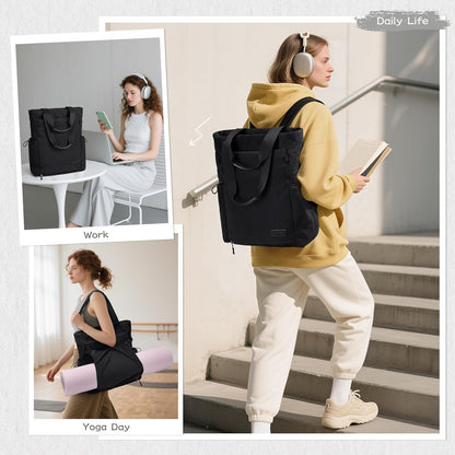GOLF SUPAGS 3-in-1 Laptop Tote Backpack for Women 15.6" Quilted Work Gym Bag with Hidden Yoga Mat Carrier for Travel Leisure (Gravel Brown & Beige)