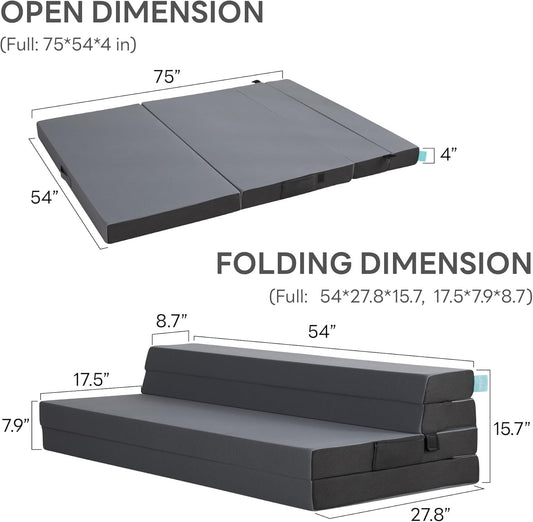LIKIMIO Folding Mattress Queen, High Density Foam Mattress with Breathable and Washable Cover & Storage Bag, 4 Inch Foldable Mat Topper for Camping, RV and Yoga, Handle Design, Blue