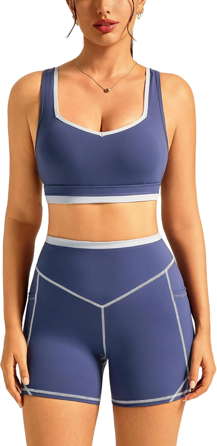 ABOCIW Womens Two Piece Workout Sets Color Block Sports Bra Matching High Waist Biker Shorts Active Gym Yoga Outfits
