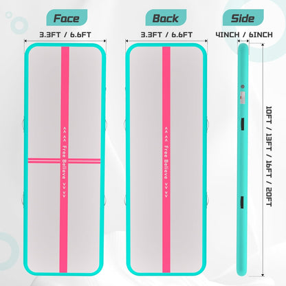 Pink Gymnastics Mat Inflatable Tumble Track Mats 10/13/16/20ft Training Mats for Home Air Mat for Kids with Pump 4”/6” Thick for Cheerleading/Yoga/Exercise/Parkour/Beach/Park/Water