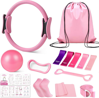 Home Pilates Kit for Women, Essentials Pilates Equipment Set with 14‘’ Pilates Ring and Mini Ball, 5 Resistance Bands & Accessories, Tutorial Charts, Pilates Ring Set for Beginners Workout at Home