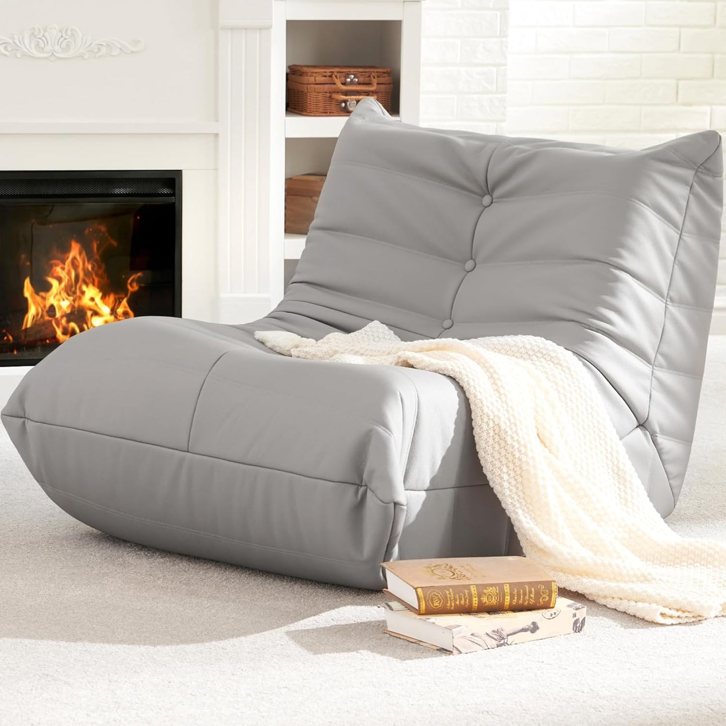Hobestluk Giant Bean Bag Chair Lazy Floor Sofa, Memory Foam Fireside Sofa for Adults, Big Beanbag Faux Leather Armless Chair for Living Room Bedroom Dorm Office (Brown, Single)