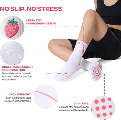 COOLMATE Pilates Socks with Grips for Women, Yoga Socks, Crew Non Slip Women for Barre, Pilates Gifts for Women - Colors B