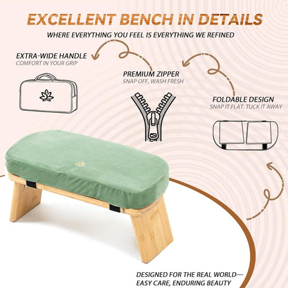 Meditation Bench, Bamboo Meditation Stool, Folding Kneeling Meditation Bench, Seiza Prayer Bench, Prayer Bench with Meditation Cushion, Kneeling Stool(Green-Bag)