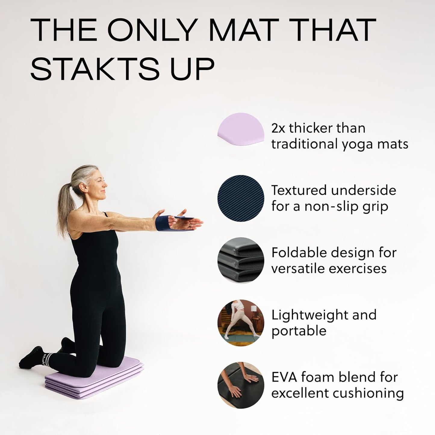 Stakt Foldable Yoga Mat Pro, 2 in 1 with Premium Textured Grip, Non Slip, Folding Exercise and Fitness Mat for Pilates, Strength Training, and High Impact Workouts