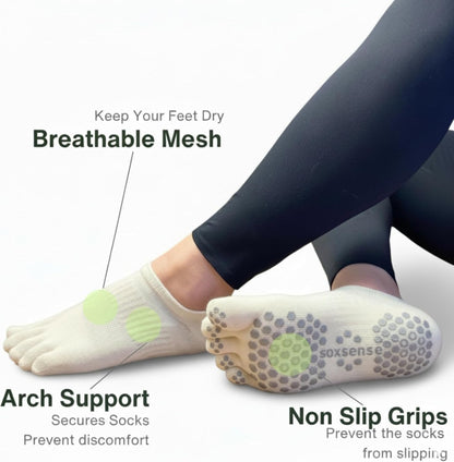 Soxsense Pilates Grip Toe Socks for Women & Men, Cushioned Low-Cut Five Finger Socks Non Slip for Yoga, Barre, Gym