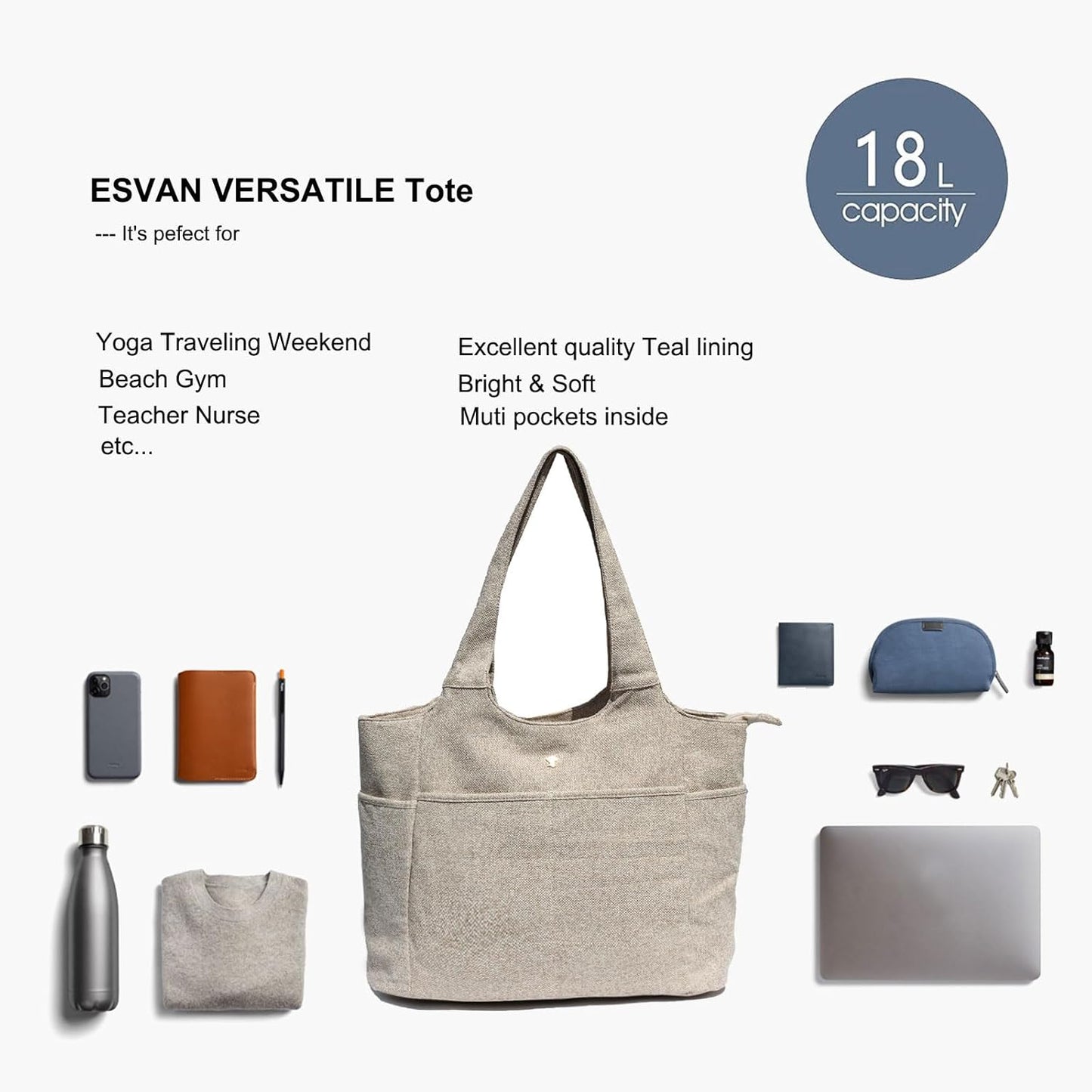 ESVAN Yoga Tote Bag Mat bag Women Shoulder Bags Carryall Tote for Travel Office Workout Gym Nurse Beach
