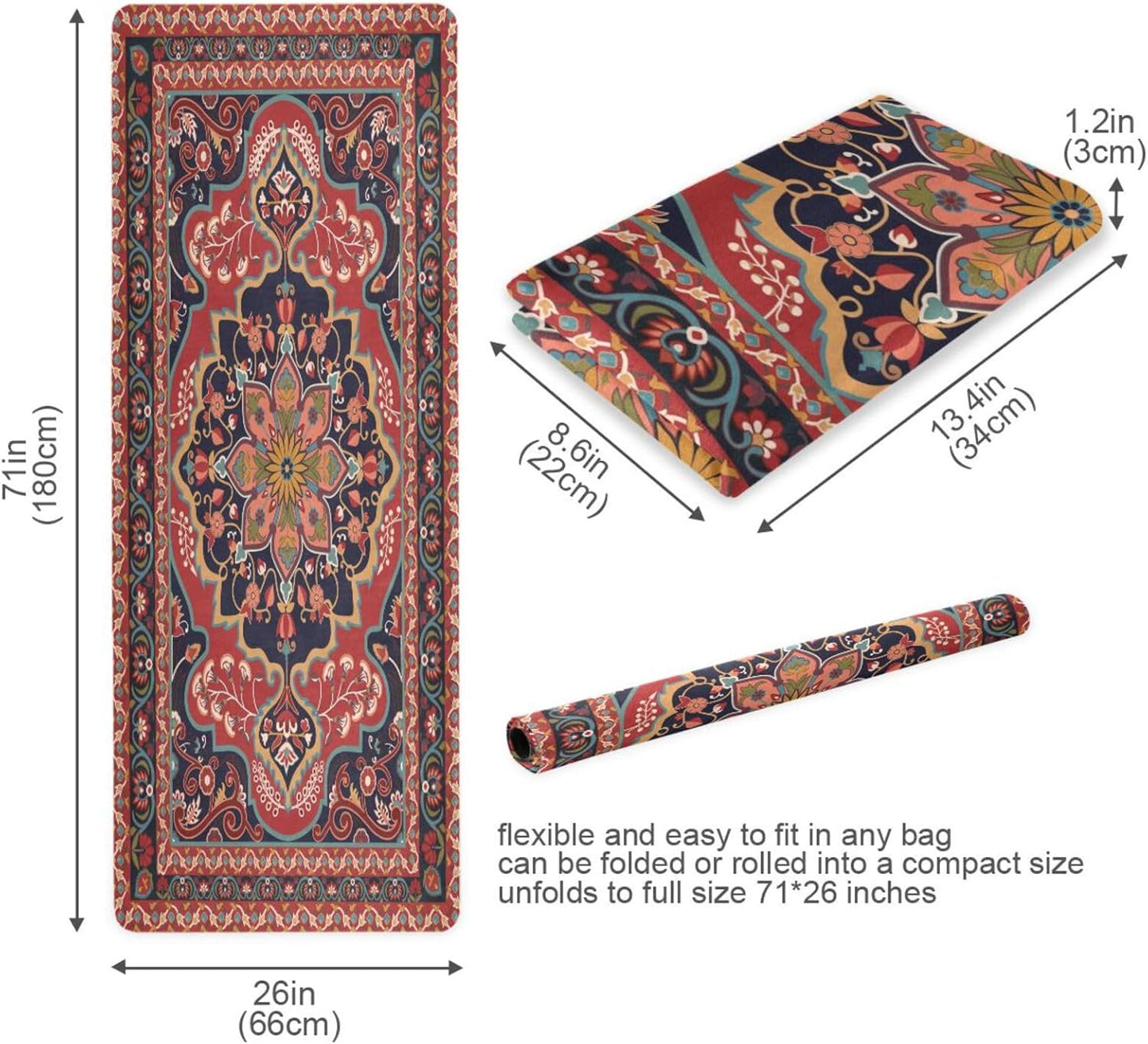 Kigai Travel Yoga Mat 71" x 24" Non Slip Natural Rubber Foldable Exercise Mat Ultra Thin 1.5mm Lightweight for Fitness, Pilates & Home Workout, Persian Design