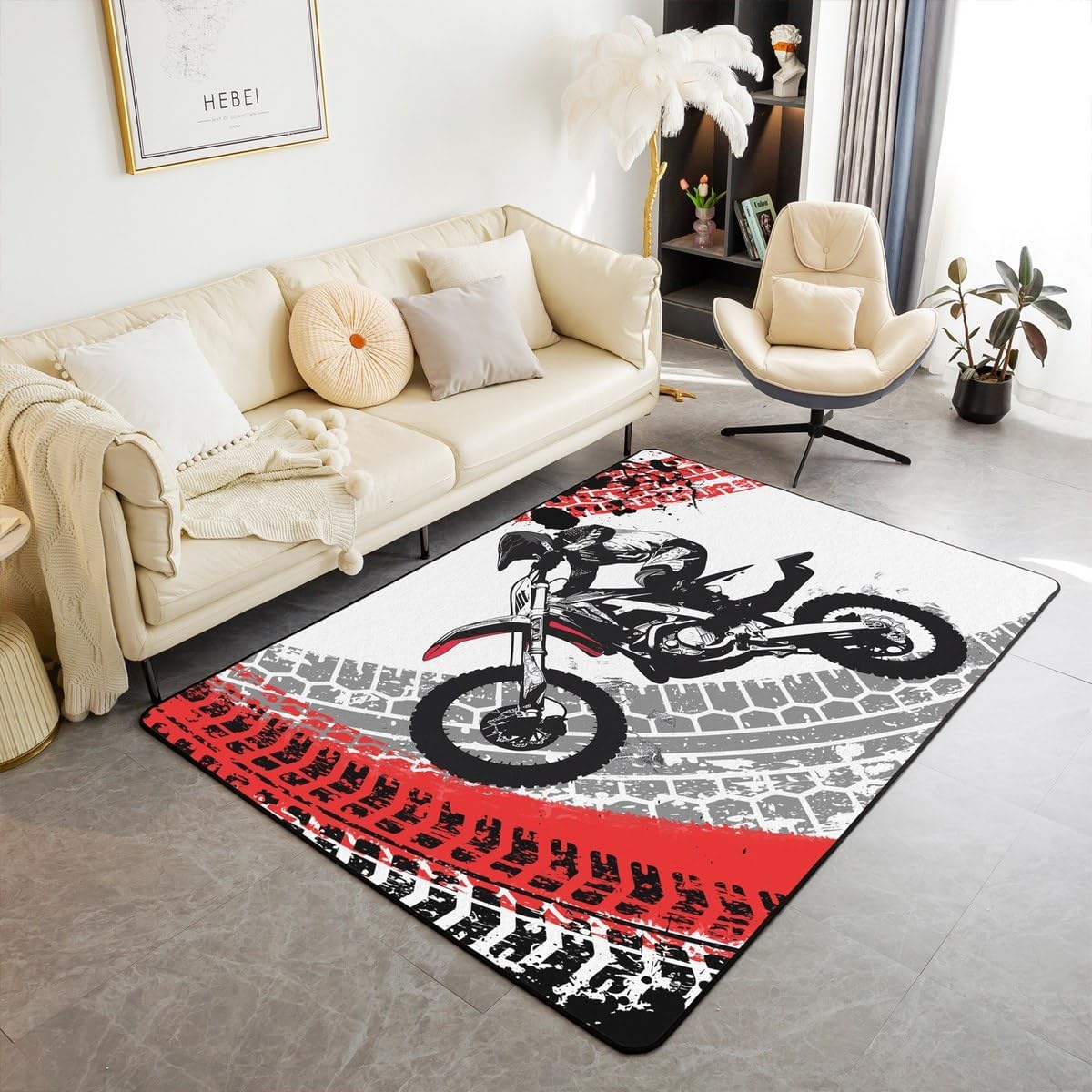 Feelyou Dirt Bike Area Rug 3x5 Kids Extreme Sports Green Honeycomb Living Room Rugs for Bedroom Boys Girls Teens Racing Motocross Rider Decorative Carpet Rug Non-Slip Motorcycle Indoor Floor Mat