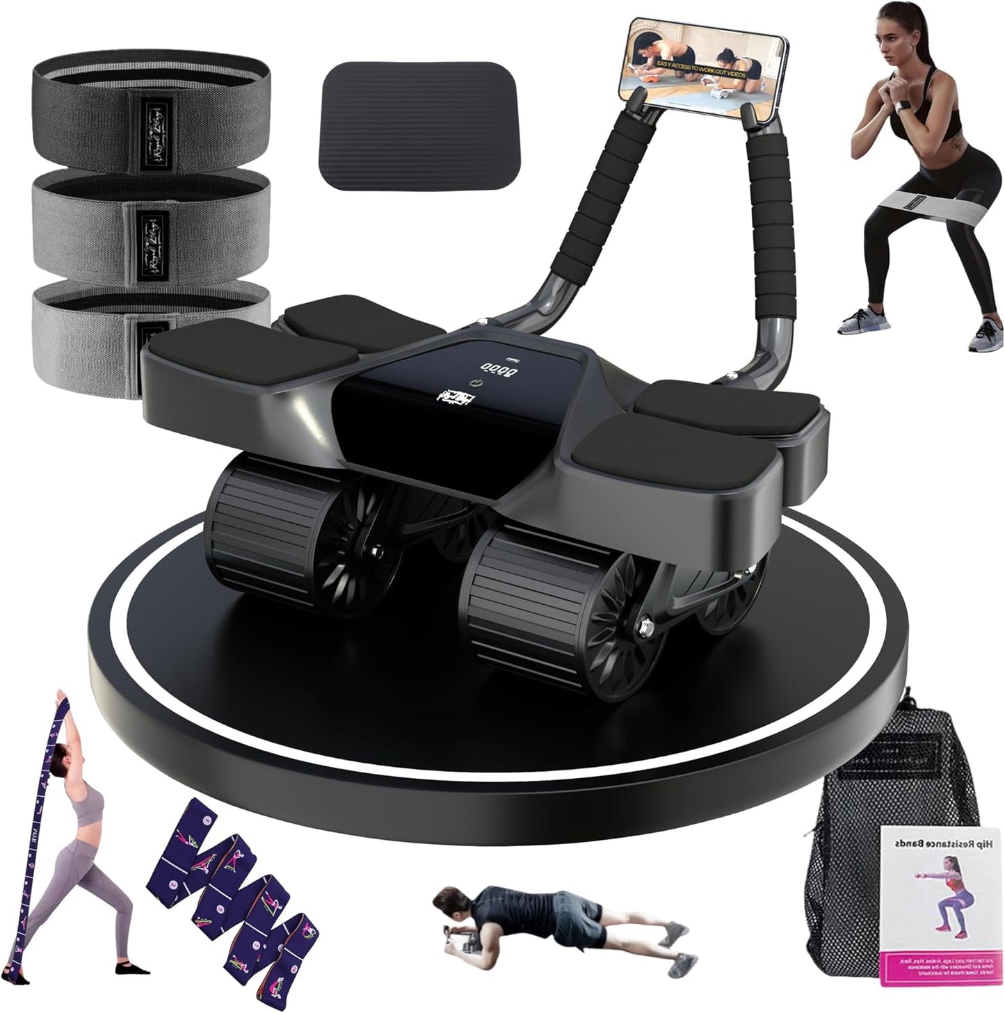 Ab Roller Home Gym Equipment – 4 Wheels Ab Wheel Muscle Roller with Automatic Rebound, Yoga Stretching Strap, 3 Resistance Bands – Comfortable Elbow Support with Non-Slip Handles – Built-in Workout Tracker