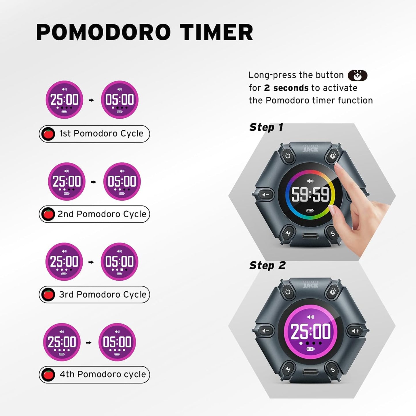Jack Pomodoro Timer - Productivity Cube, Visual Focus Timer, Mute & Vibration & Adjustable Sound Alert, for Office, ADHD, Study, Work, 3/5/10/25/30/60min & Custom Countdown - Black