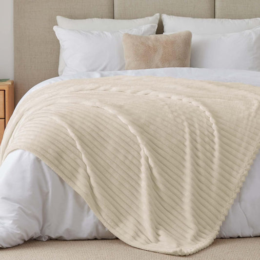 BEDELITE Fleece Throw Blanket for Couch - 300GSM Soft & Warm Fluffy Cream White Blanket, Decorative and Giftable Striped Blankets for Women, Men, 50"x60" - Colors B